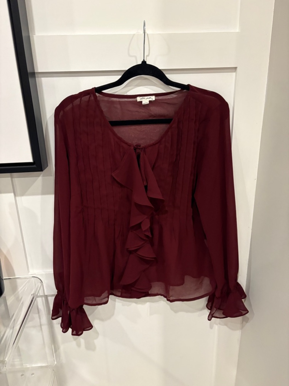 Ultra Pink Burgundy Ruffle Pintuck Sheer Blouse